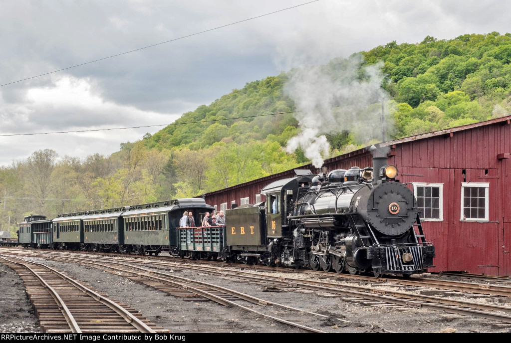 EBT 16 bringing the excursion train northbound through the yard and shop complex